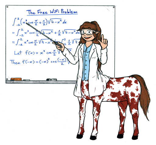 A female centaur in a labcoat and safety glasses, standing in front of a whiteboard with mathematical equations written on it.