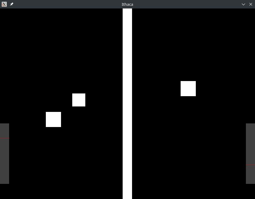 A screenshot of the Ithaca program, featuring two players, a ball, and a wall.